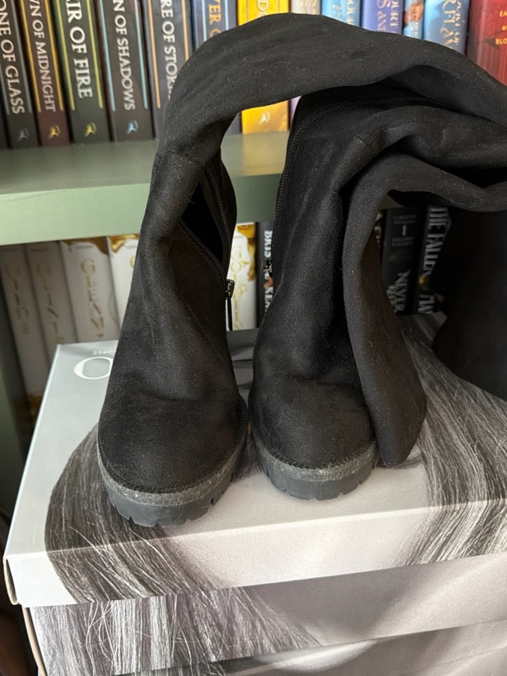Jennifer Lopez Black Suede Over-The-Knee Lug Sole Boots